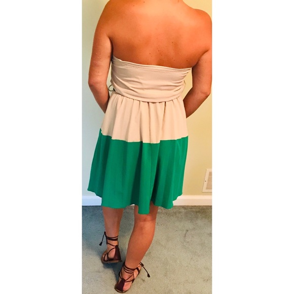 Green/Tan Color block, Strapless, Above Knee Dress - Picture 2 of 4
